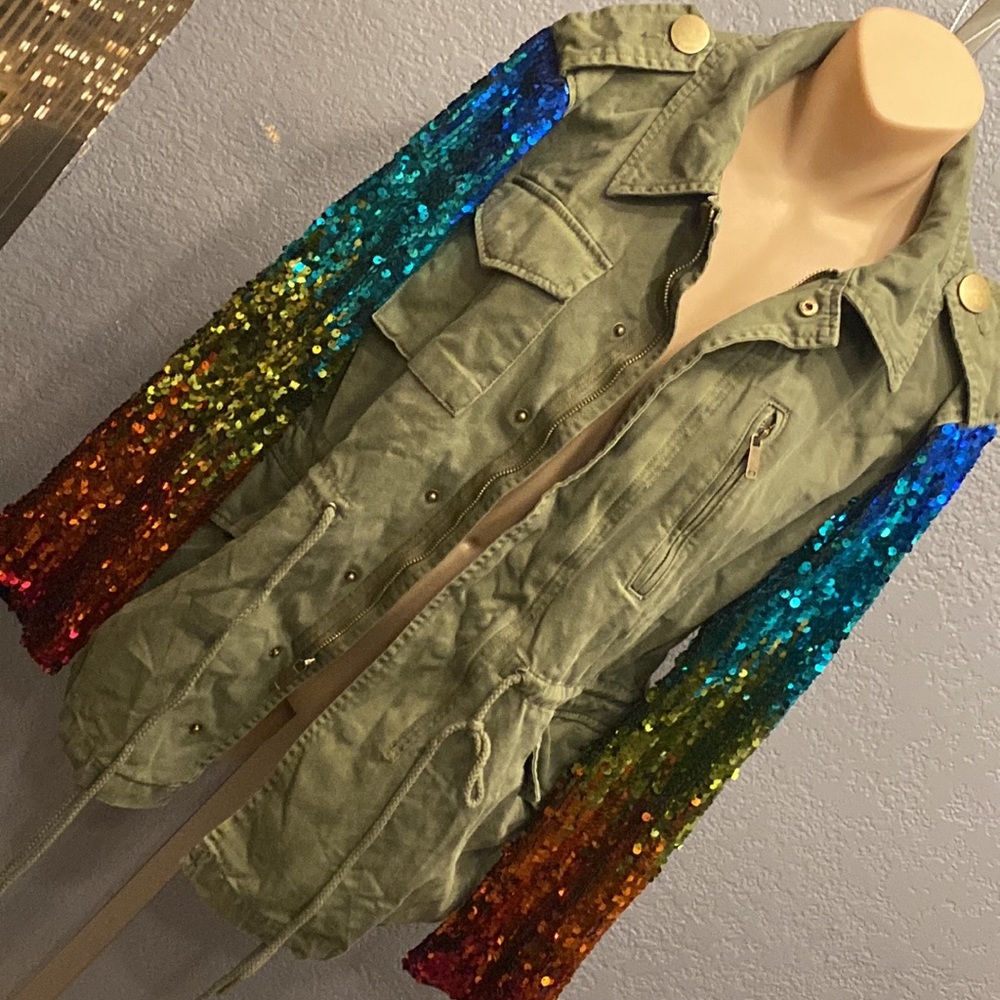 BARNEYS NY - NWT - jacket: olive green w rainbow sequined long sleeves - 42 / 8 - Picture 16 of 16